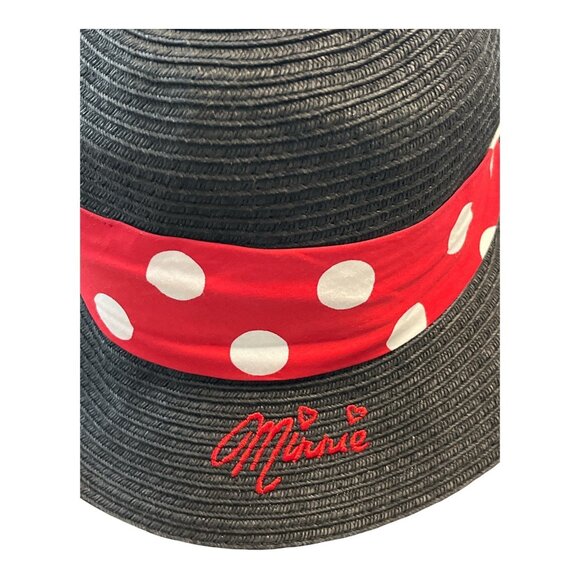Disney Minnie Mouse Black Straw Hat with Polka Dot Bow – Red & White Band – Embr - Picture 5 of 5